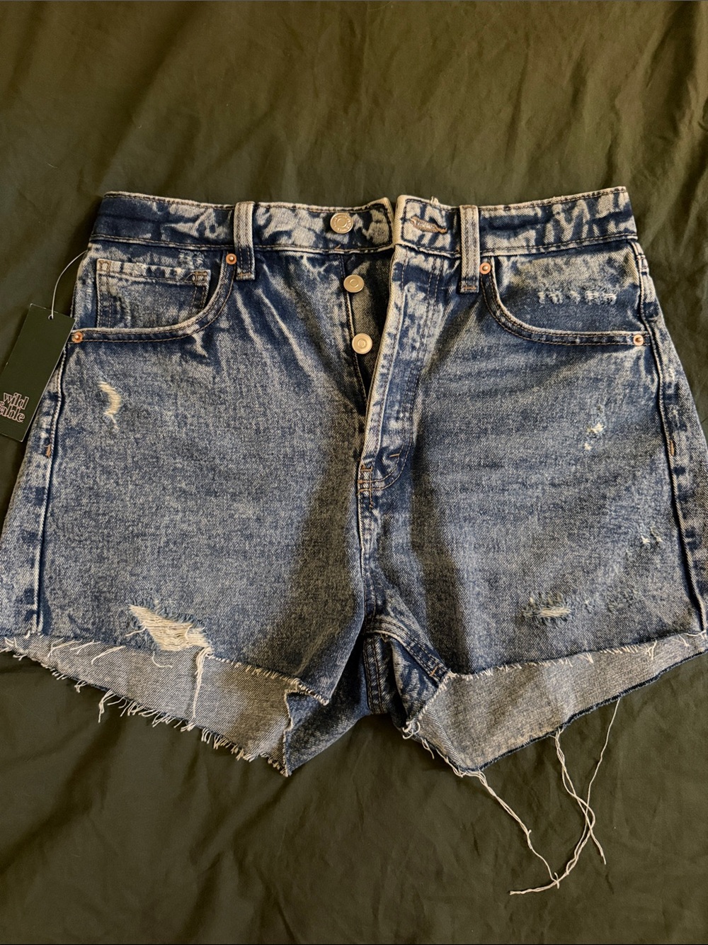 High-Rise Distressed Denim Shorts - Blue HWT US6